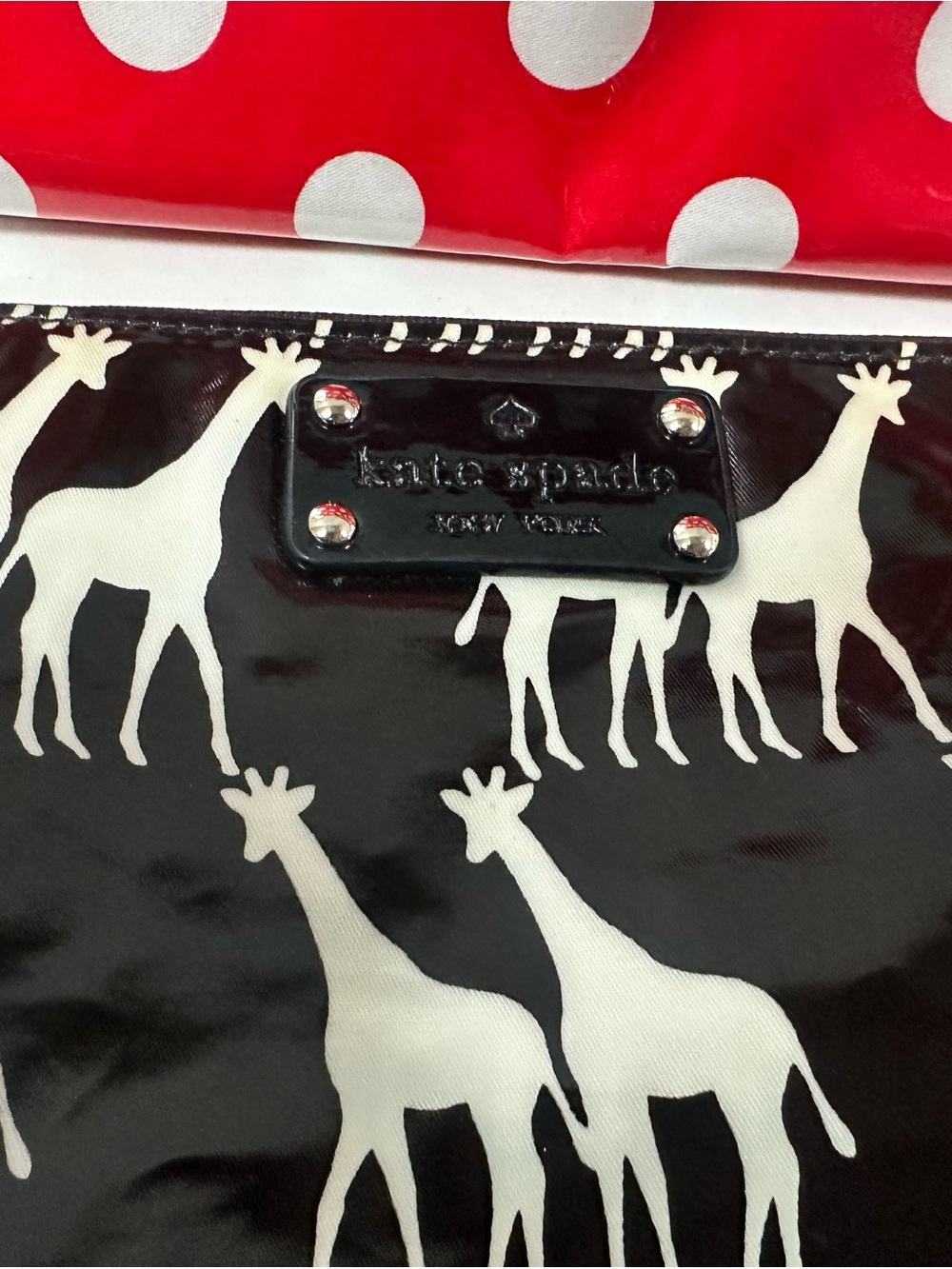 Kate Spade 2 make up pouches: Polka Dot Red & Giraffe Black Patent Pouch Set - Picture 2 of 8